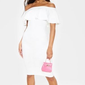 Celinea White Bardot Frill Midi Dress